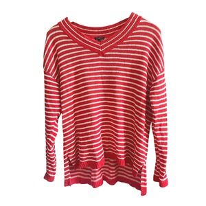 Talbots Red White Stripe Linen Cotton V-Neck‎ Sweater Petite L